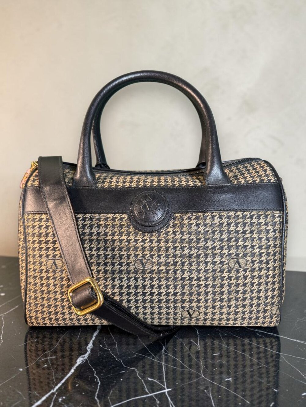 Valentino Garavani Vintage Houndstooth Logo Barrel Bag w/Black Leather Trim COA